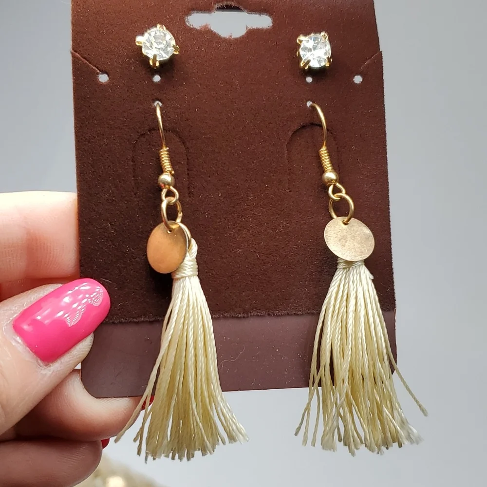 Boho Creme Tassel Earrings and Rhinestone Posts and Tassel Pendant Bundle